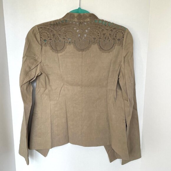Kobi Halperin Embroidered Linen Blazer Womens XS Tan Open Front Lace Jacket - Picture 3 of 11